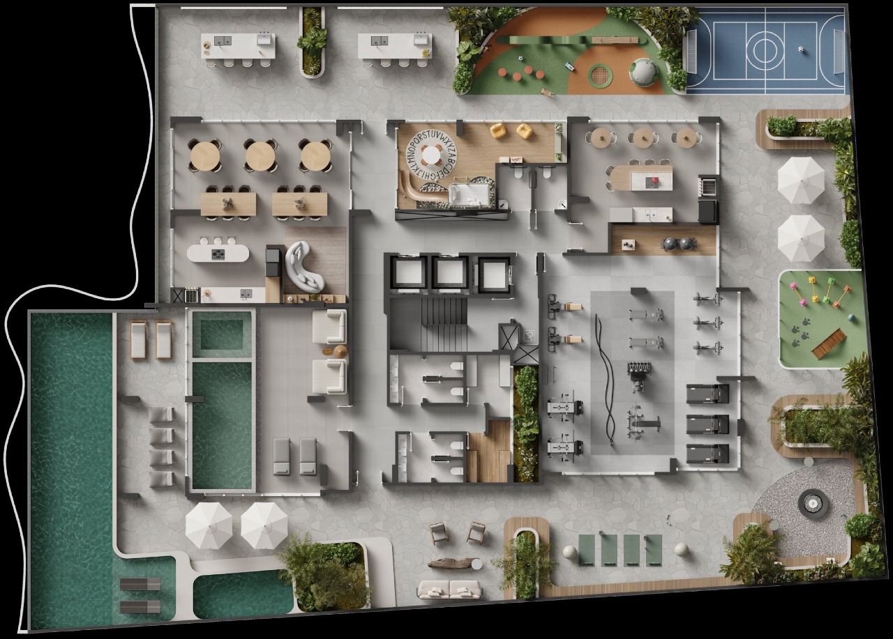 Apartamento à venda no Centro: Planta humanizada do lazer: piscinas, academia, brinquedoteca, mini quadra e pet place