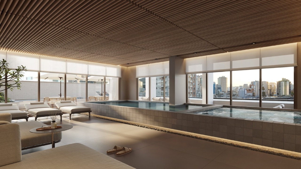 Apartamento à venda no Centro: Piscina aquecida coberta, com hidromassagem e espreguiçadeiras (imagem ilustrativa)