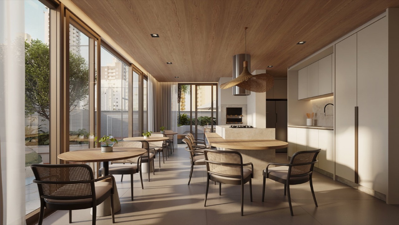 Apartamento à venda no Centro: Espaço gourmet com mesas, cozinha e janelas amplas (imagem ilustrativa)