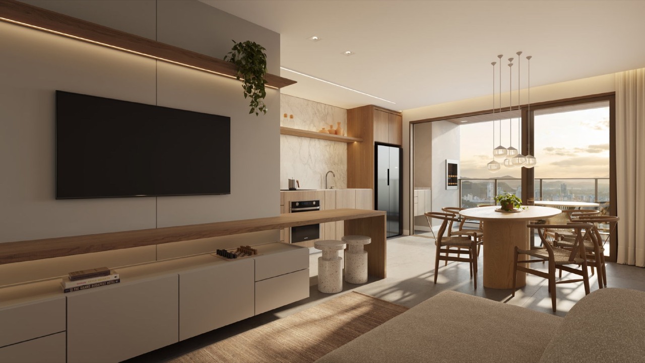 Apartamento à venda no Centro: Living do final 01 com painel de TV, cozinha, jantar e sacada (imagem ilustrativa)
