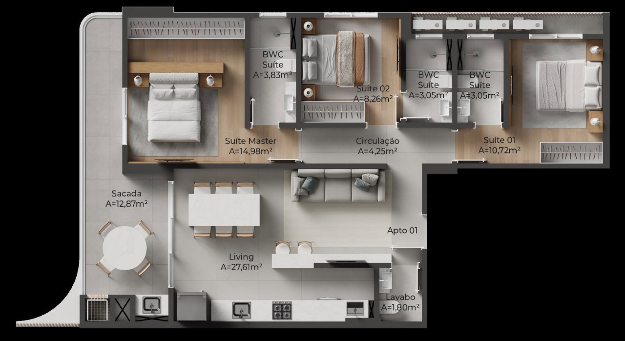 Apartamento à venda no Centro: Planta do final 01: 3 suítes, living de 27,61 m² e sacada de 12,87 m² com churrasqueira