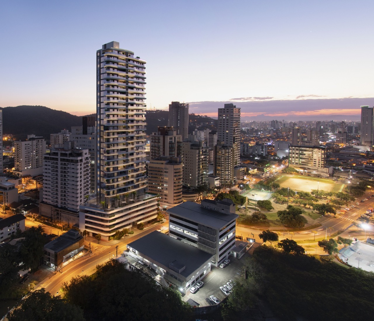 Apartamento à venda no Fazenda: Lotisa Skyline à noite (imagem ilustrativa)