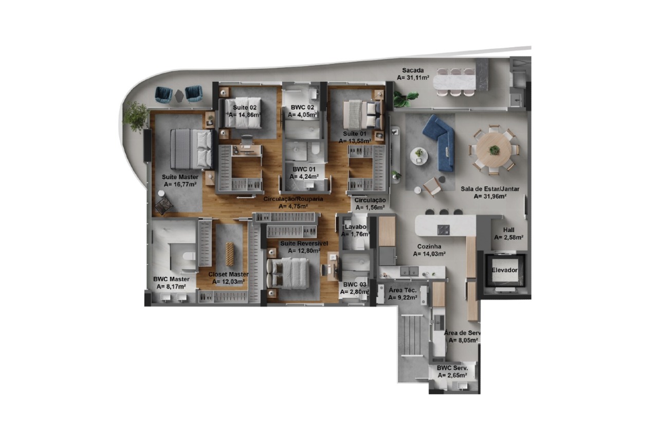 Apartamento à venda no Fazenda: Planta do final 01 de 222 m²: 4 suítes, sacada de 31,11 m² e cozinha com ilha