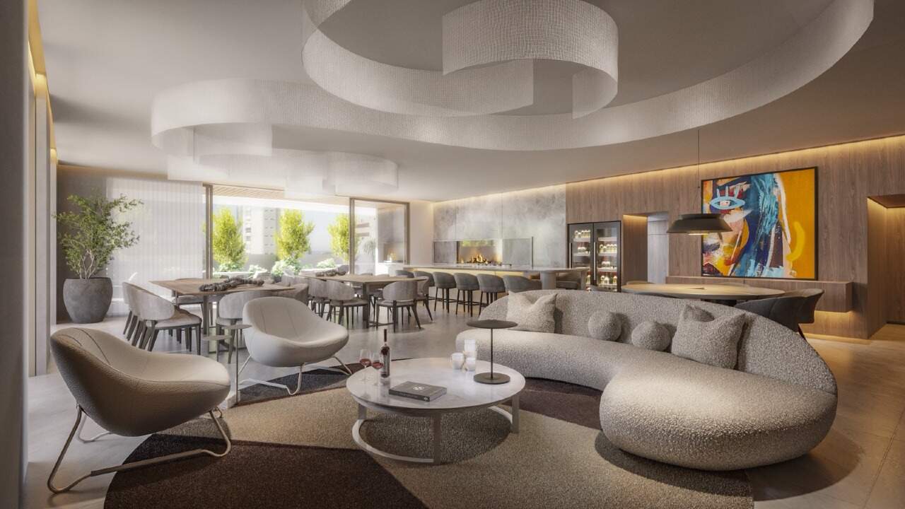 Apartamento diferenciado à venda no Fazenda: Salão de festas com lounge, mesas e obra de arte na parede (imagem ilustrativa)