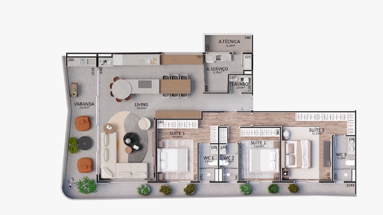 Apartamento à venda no Fazenda: Planta do final 1: 169,45 m², 3 suítes, living de 54,43 m² e varanda com churrasqueira