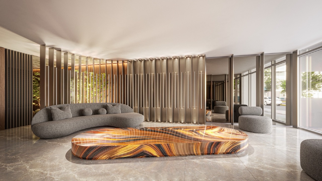 Apartamento à venda no Fazenda: Hall de entrada decorado do Chelsea 922, com painéis ripados (imagem ilustrativa)