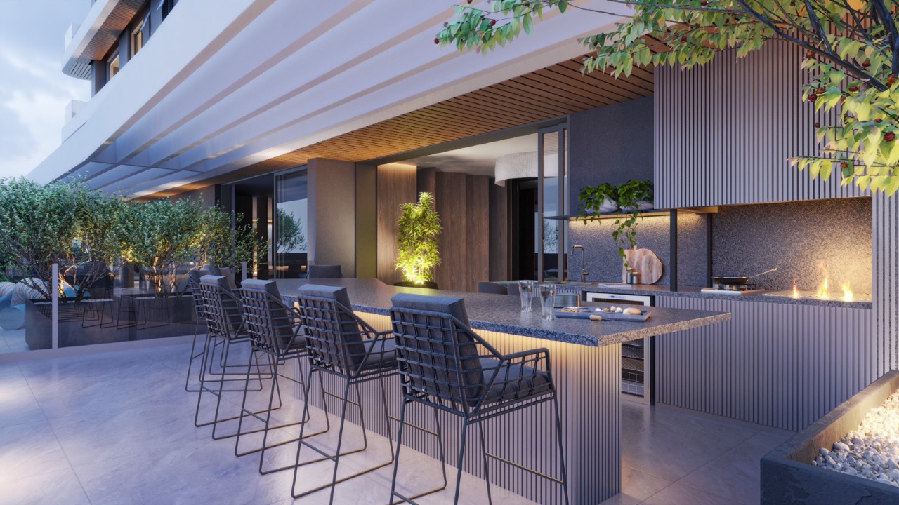 Apartamento à venda no Fazenda: Gourmet externo com bancada, bar e estar do fogo (imagem ilustrativa)