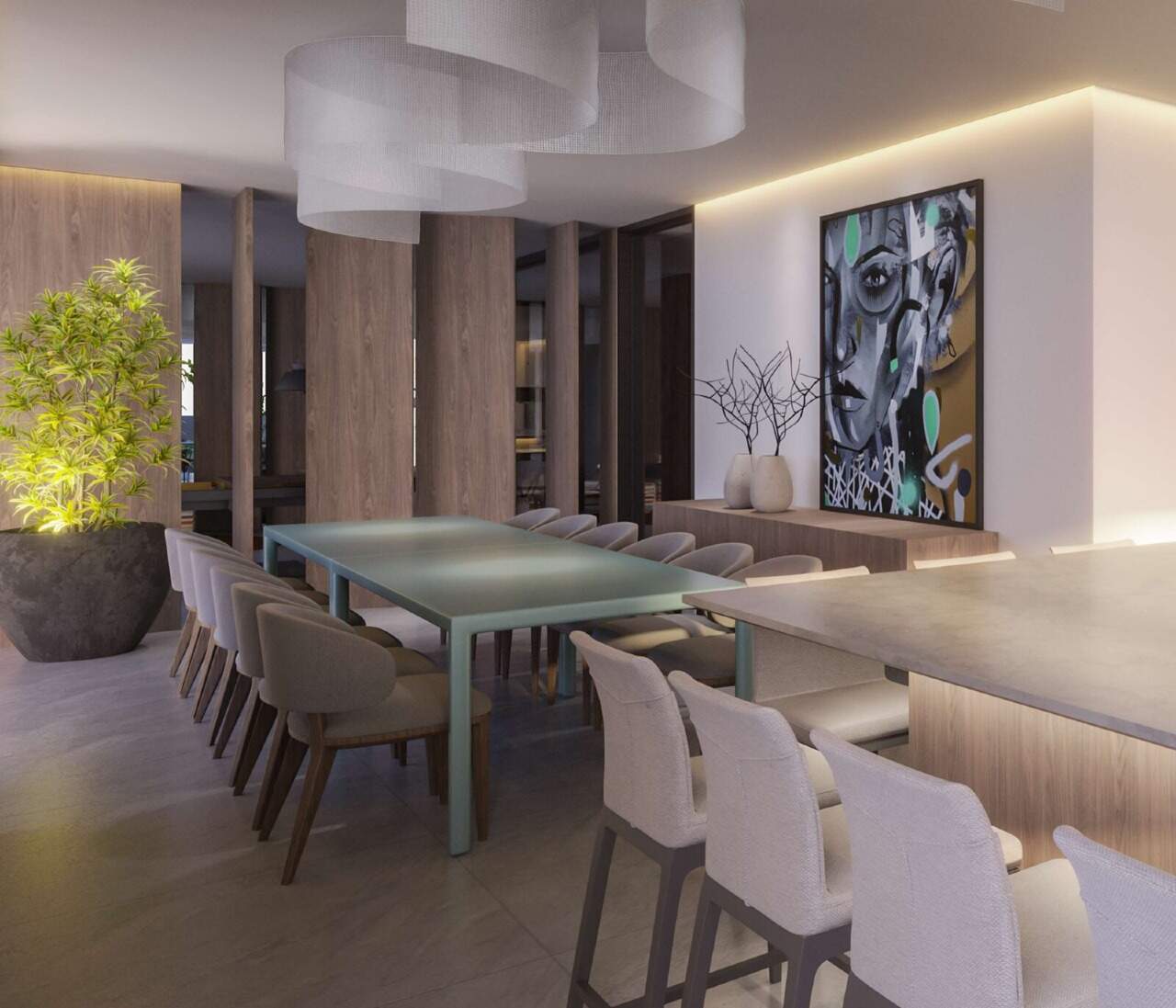 Apartamento diferenciado à venda no Fazenda: Espaço gourmet com mesa longa e bancada com banquetas (imagem ilustrativa)