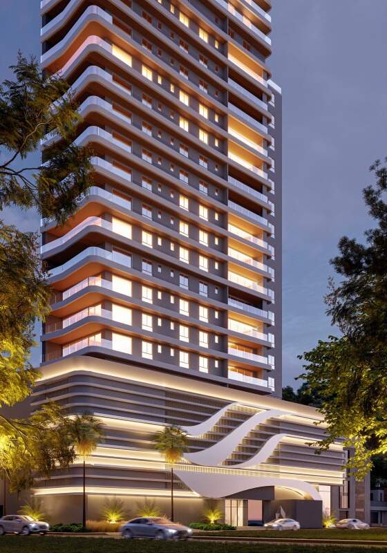 Apartamento diferenciado à venda no Fazenda: Fachada do Chelsea 922 Art Residence à noite, com a torre iluminada (imagem ilustrativa)