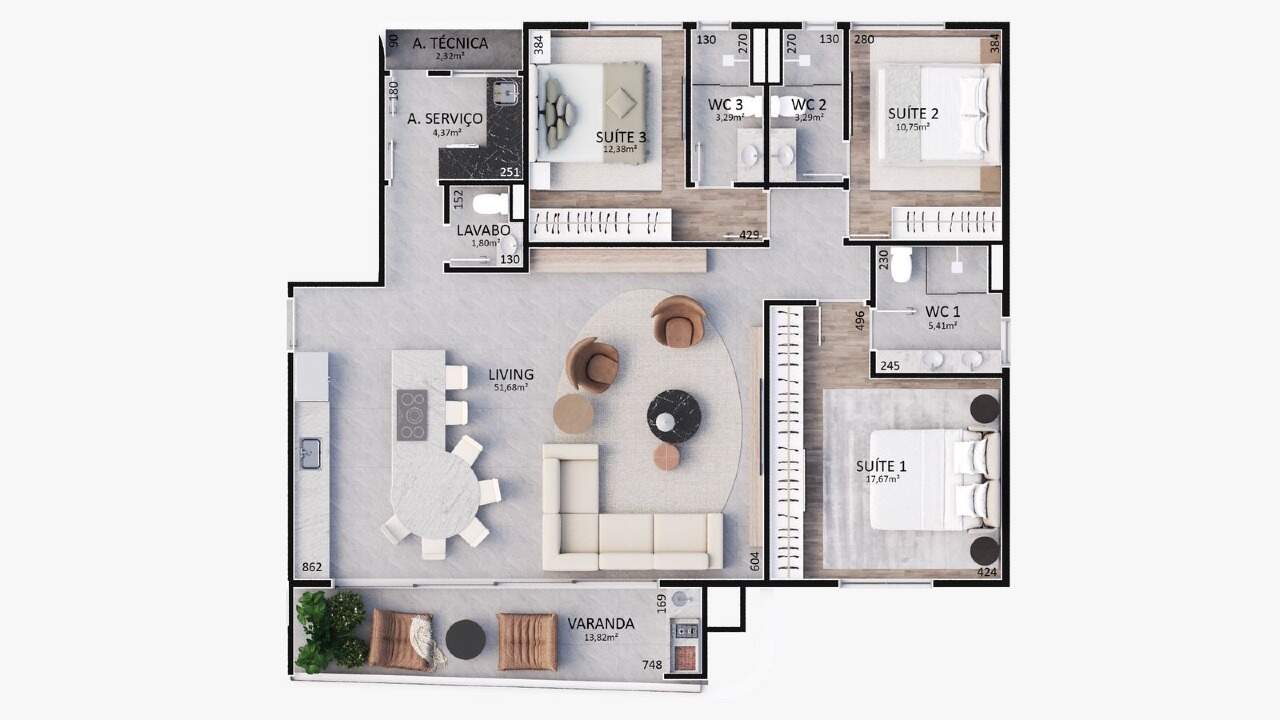 Apartamento à venda no Fazenda: Planta do final 2: 144,43 m², 3 suítes, living de 51,68 m² e varanda com churrasqueira