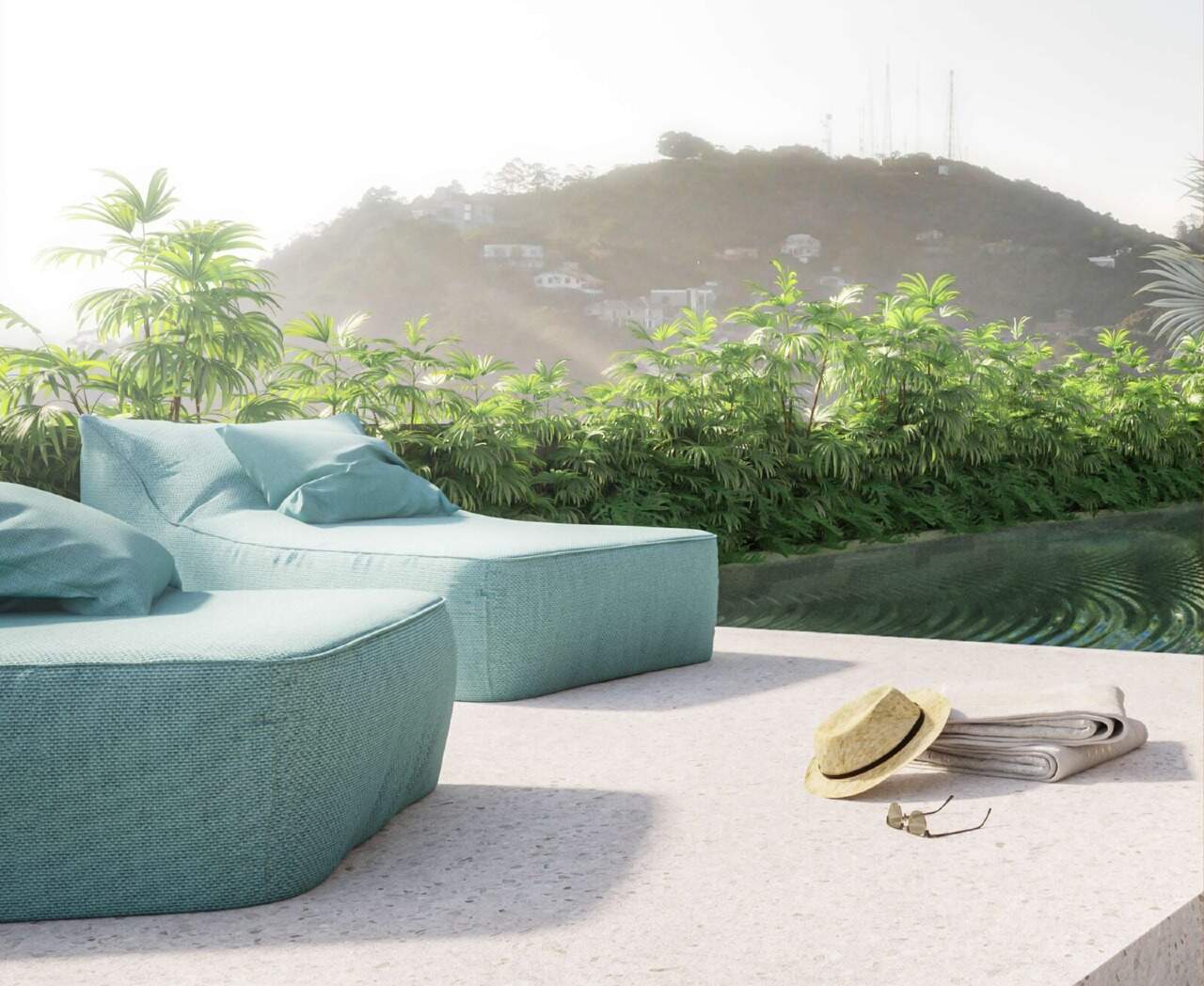 Apartamento à venda no Fazenda: Espaço de descanso junto à piscina, com paisagismo e o morro ao fundo (imagem ilustrativa)