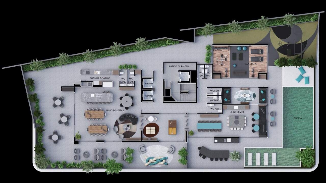 Apartamento à venda no Fazenda: Planta do lazer: gourmet, academia, festas, jogos, brinquedoteca e piscina