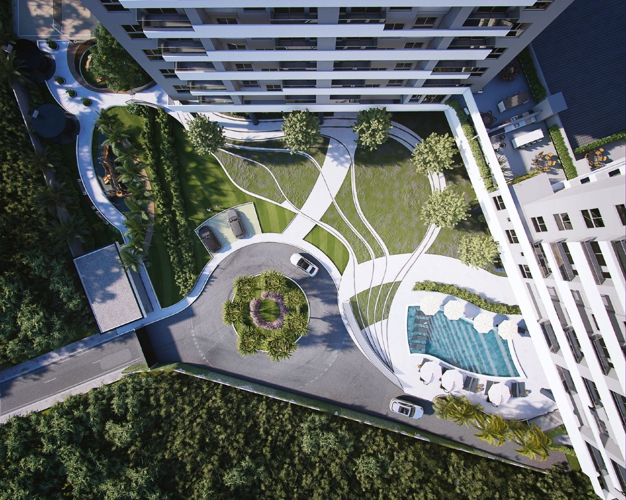 Apartamento à venda no Fazenda: Vista aérea do boulevard e da piscina (imagem ilustrativa)