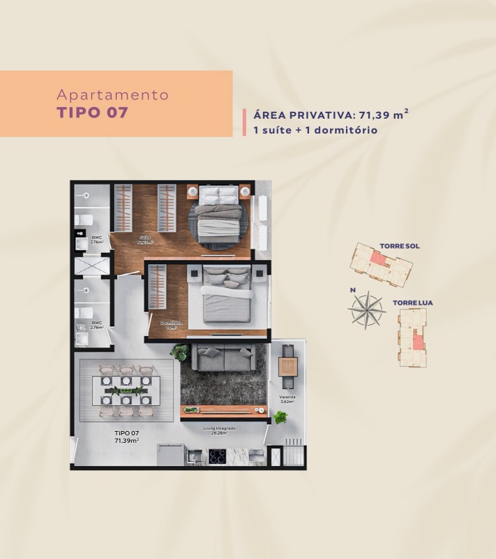 Apartamento à venda no Fazenda: Planta tipo 07: 71,39 m² com suíte, dormitório e sacada com churrasqueira