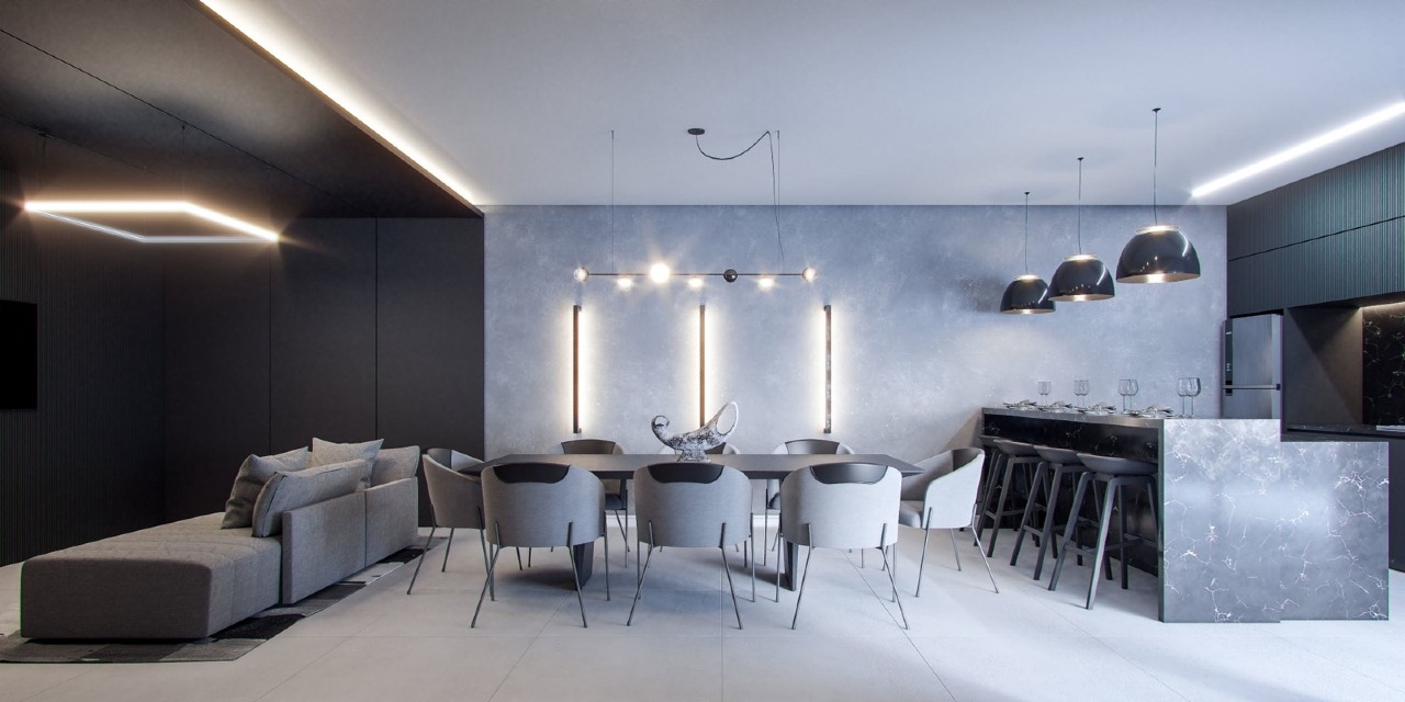 Apartamento à venda no Fazenda: Espaço gourmet com cozinha e mesa de jantar (imagem ilustrativa)