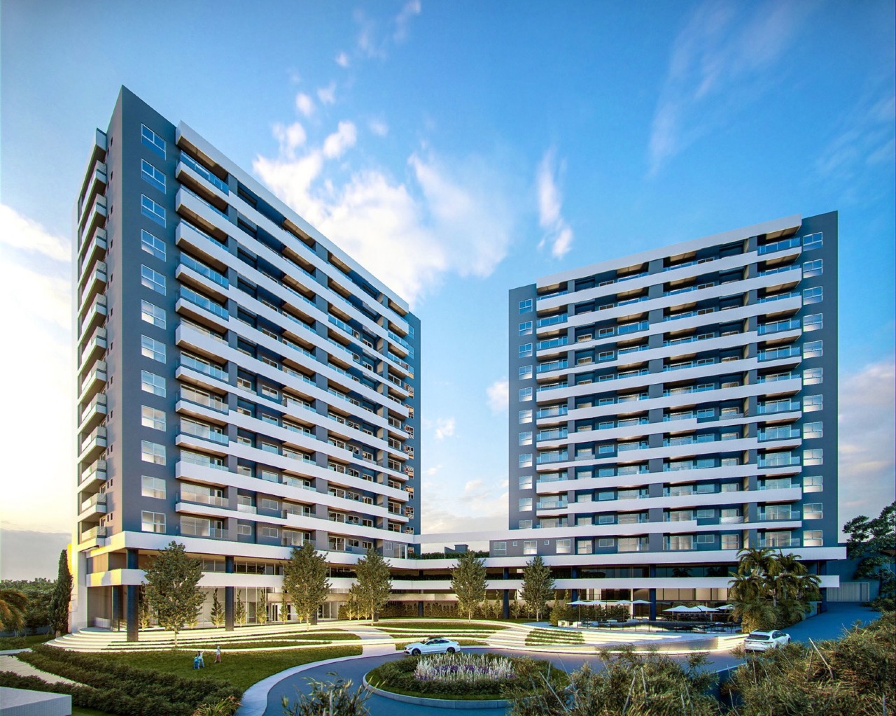 Apartamento à venda no Fazenda: Fachada das torres Sol e Lua com o boulevard (imagem ilustrativa)