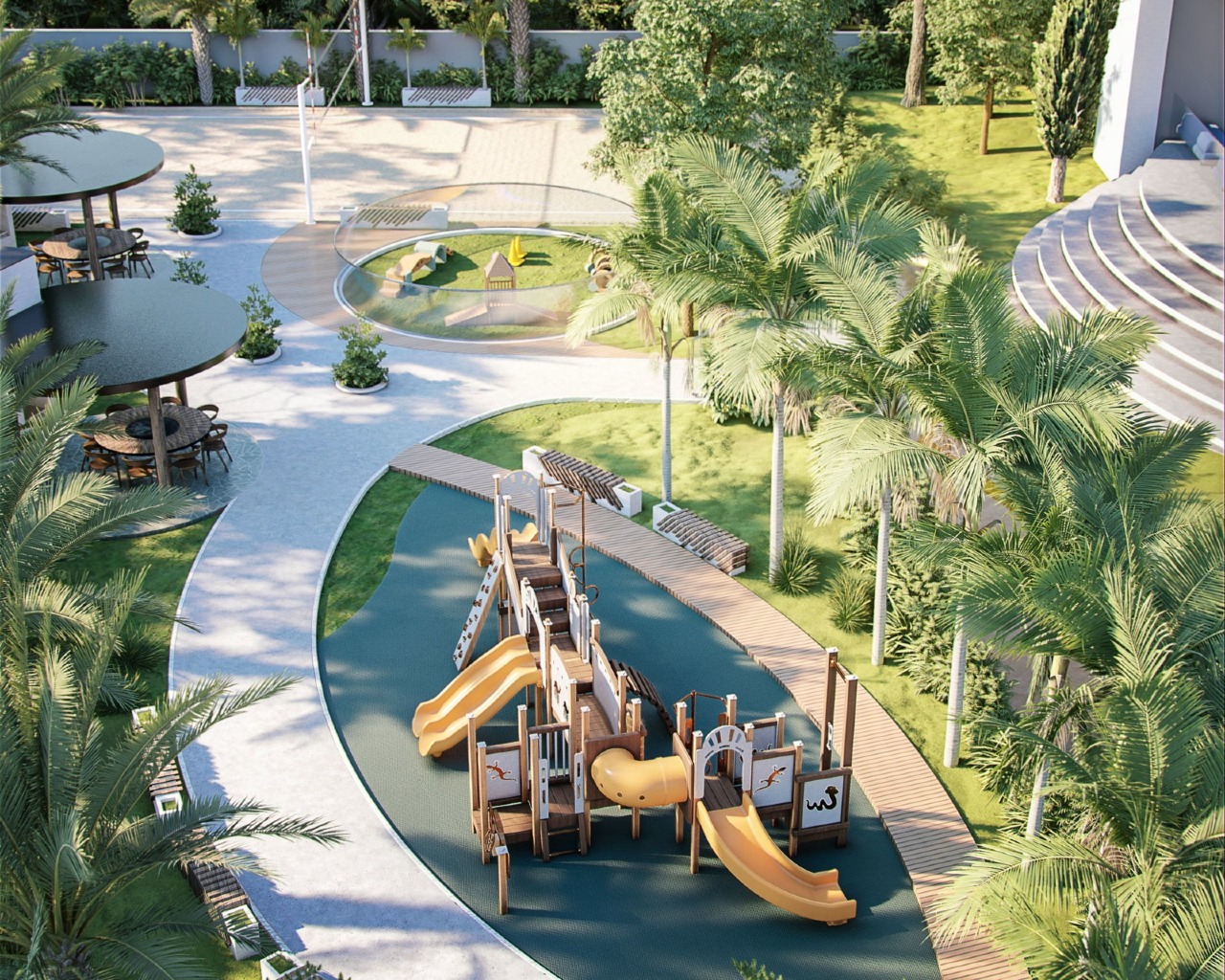 Apartamento à venda no Fazenda: Playground visto do alto, entre palmeiras (imagem ilustrativa)