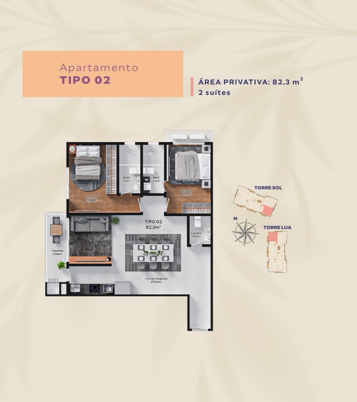 Apartamento à venda no Fazenda: Planta tipo 02: 82,3 m² com 2 suítes, lavabo e sacada com churrasqueira