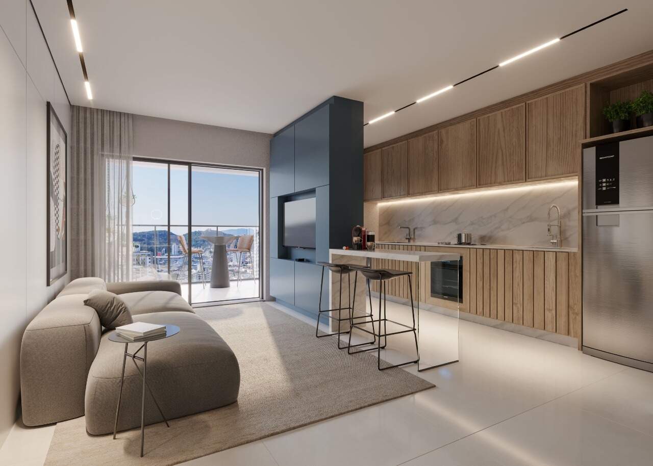 Apartamento à venda no Fazenda: Living com cozinha integrada da planta de 86 m² do Fazenda Garden (imagem ilustrativa)
