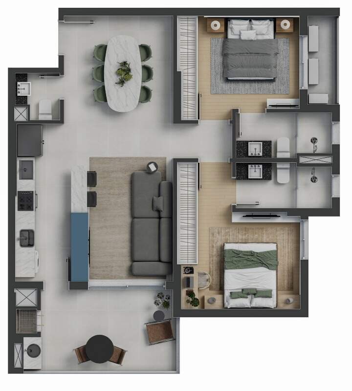 Apartamento à venda no Fazenda: Planta do apartamento de 86 m² do Fazenda Garden: 2 suítes, lavabo e sacada com churrasqueira