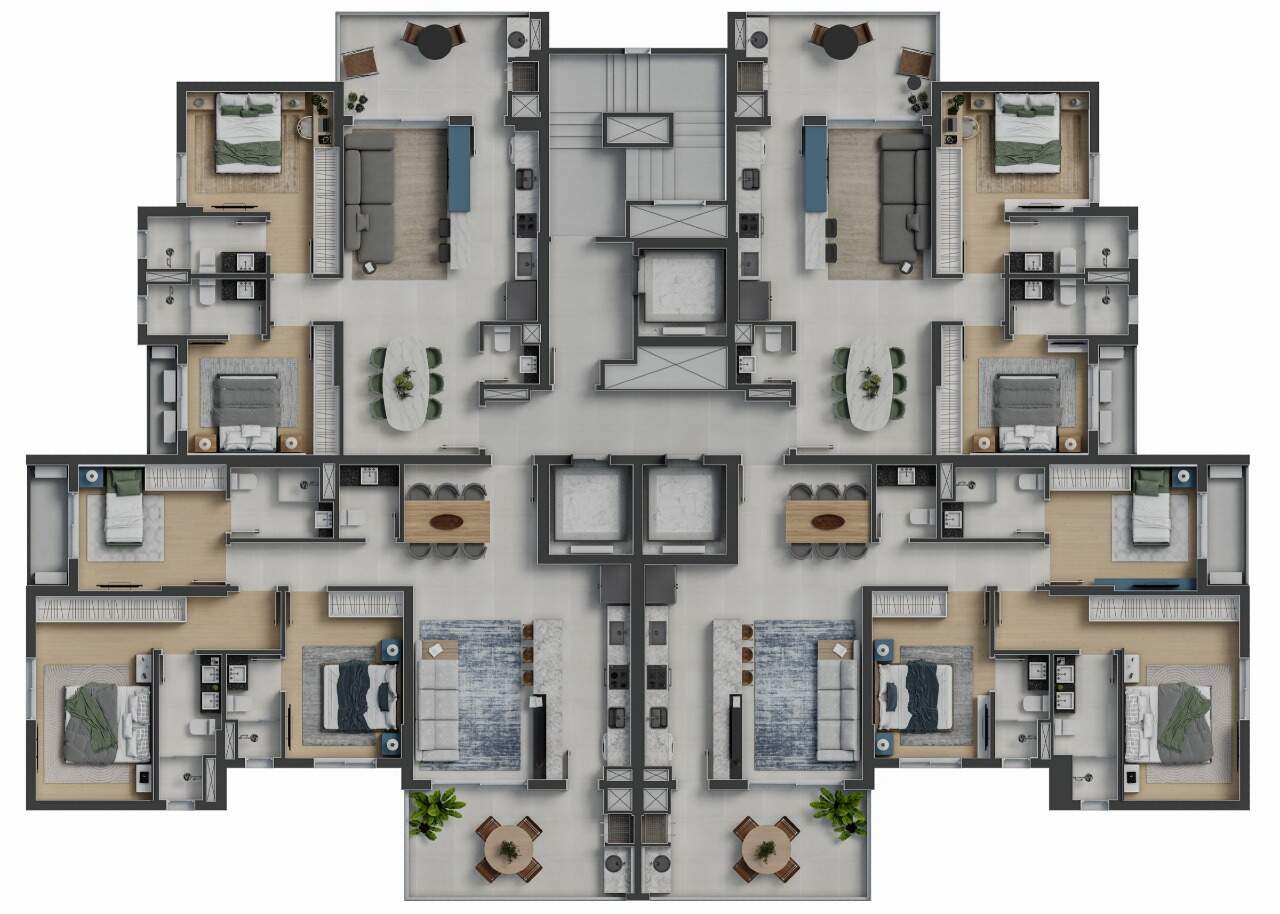 Apartamento à venda no Fazenda: Pavimento tipo da Torre 2: dois apartamentos de 86 m² e dois de 118 m² por andar