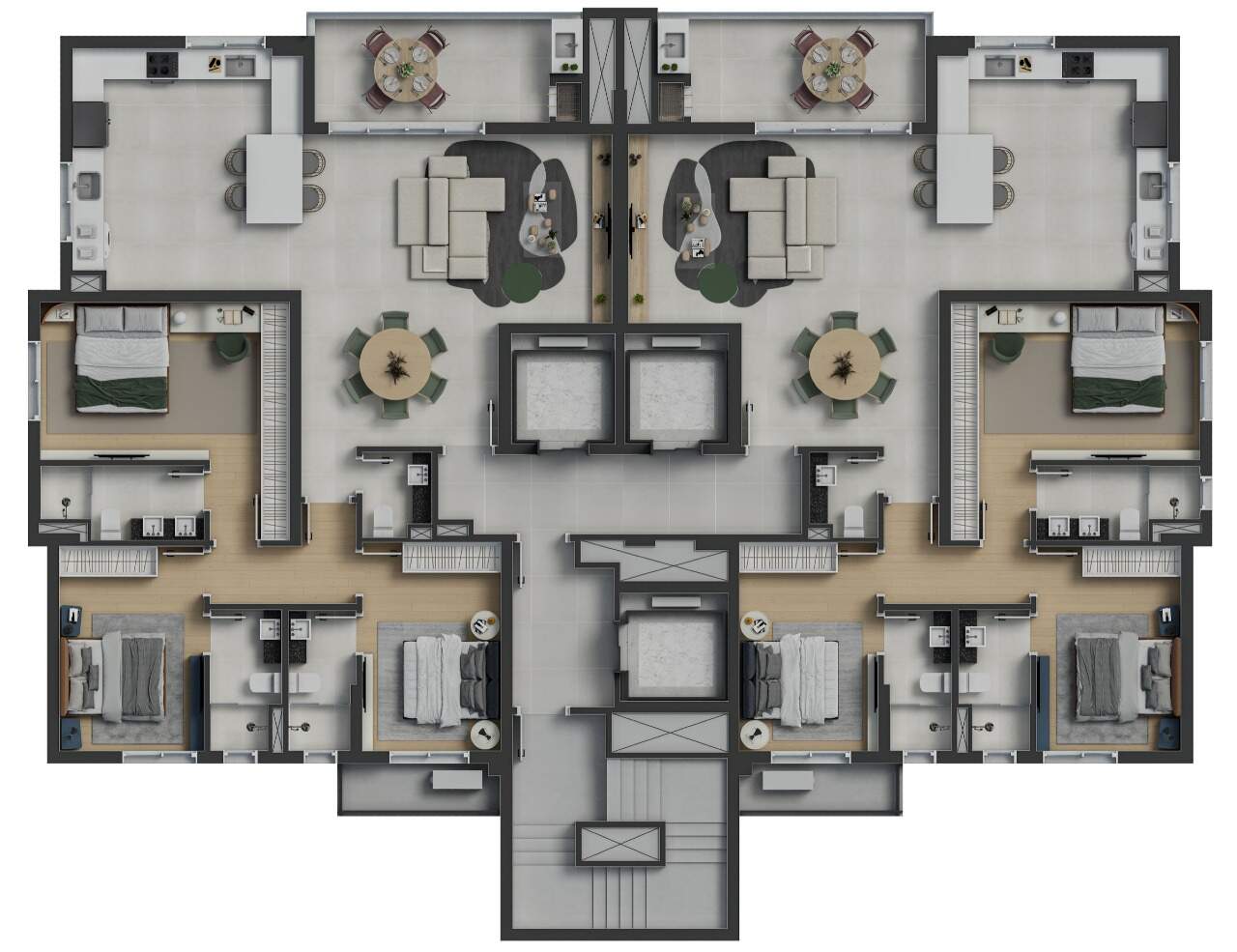 Apartamento à venda no Fazenda: Pavimento tipo da Torre 1: dois apartamentos de 142 m² por andar