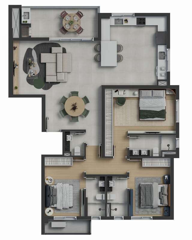Apartamento à venda no Fazenda: Planta do apartamento de 142 m² do Fazenda Garden: 3 suítes, cozinha com ilha e lavabo