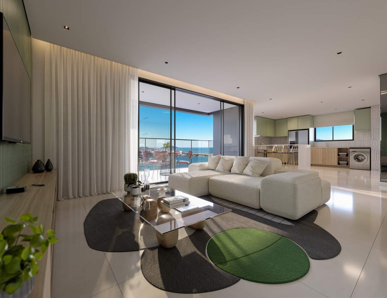 Apartamento à venda no Fazenda: Living integrado à cozinha com ilha e à sacada da planta de 142 m² (imagem ilustrativa)