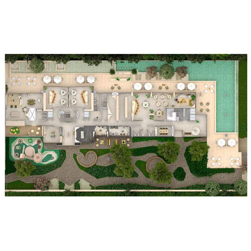 Apartamento à venda no Praia Brava: Planta humanizada do pavimento de lazer, com piscinas, jardins e playground