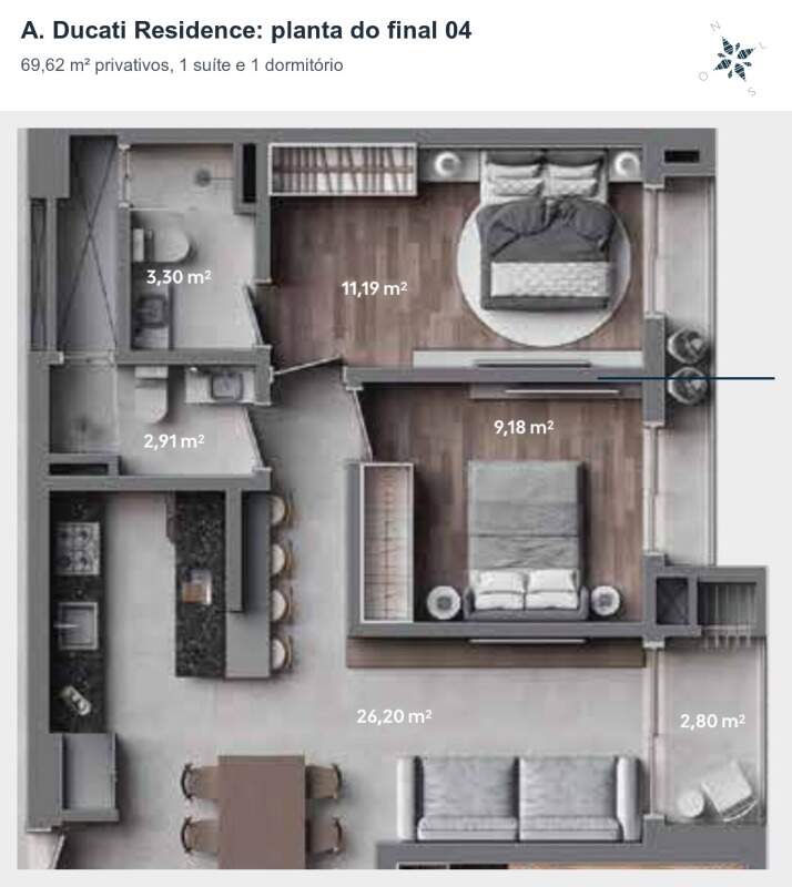 Apartamento à venda no Fazenda: Planta do final 04: 69,62 m² com suíte, dormitório e sacada com churrasqueira