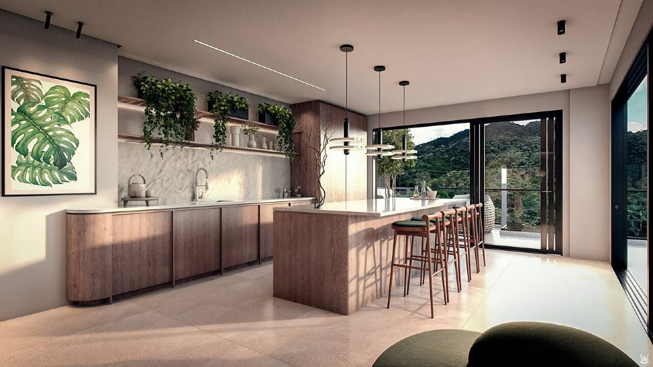 Apartamento à venda no Fazenda: Sky bar no rooftop, com bancada e banquetas (imagem ilustrativa)
