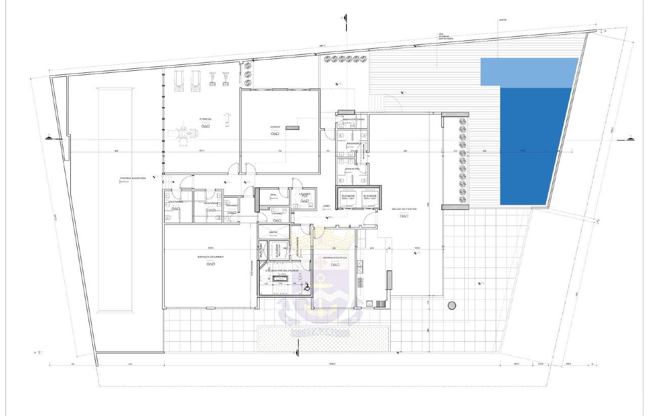Apartamento à venda no Fazenda: Planta do pavimento de lazer: piscinas, academia, jogos, gourmet, festas e brinquedoteca