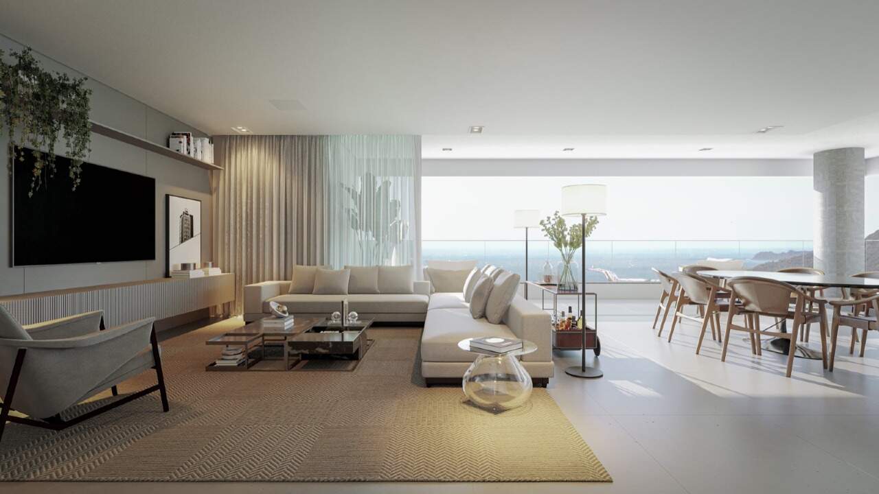 Apartamento à venda no Fazenda: Living com estar e TV, aberto para a varanda (imagem ilustrativa)