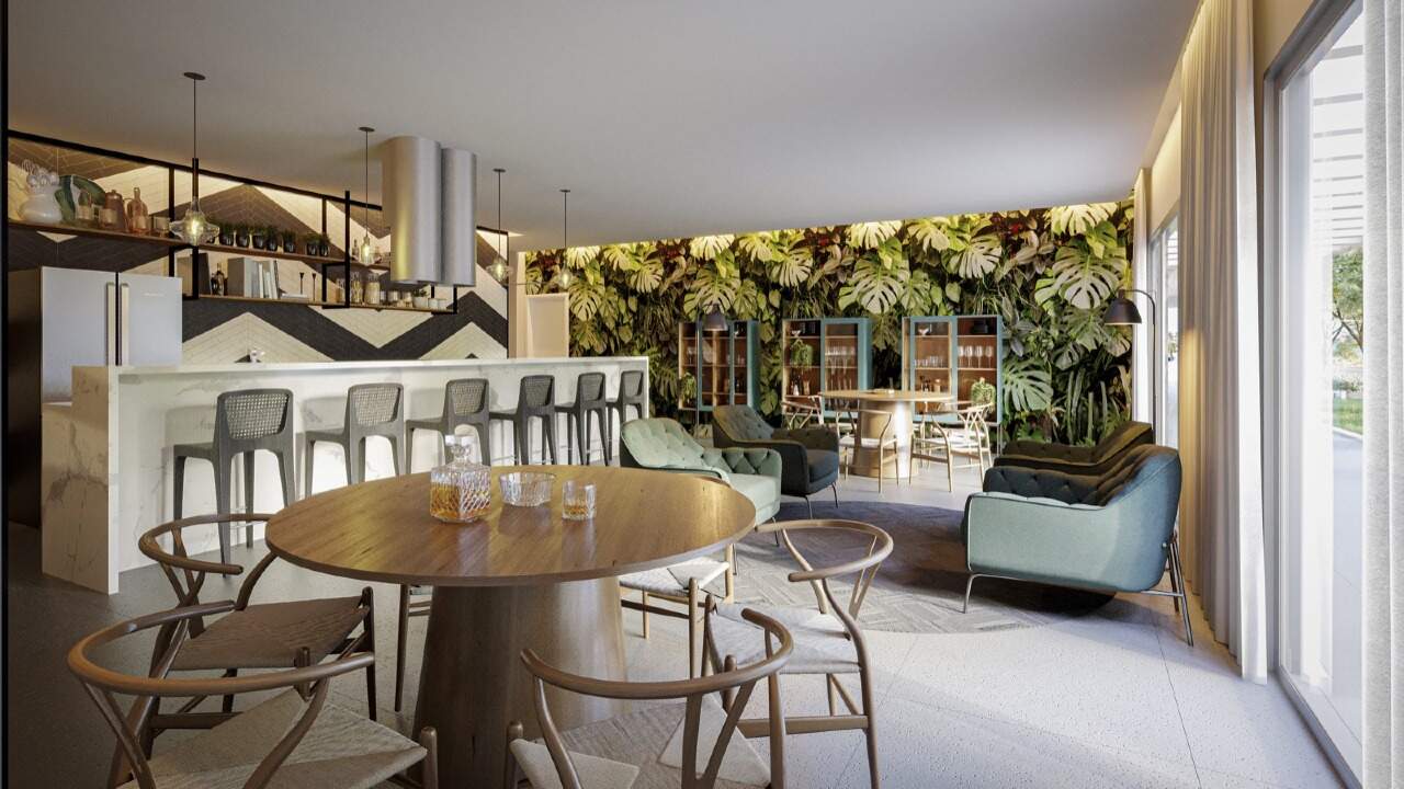 Apartamento à venda no Fazenda: Espaço gourmet com bancada, mesa redonda e jardim vertical (imagem ilustrativa)
