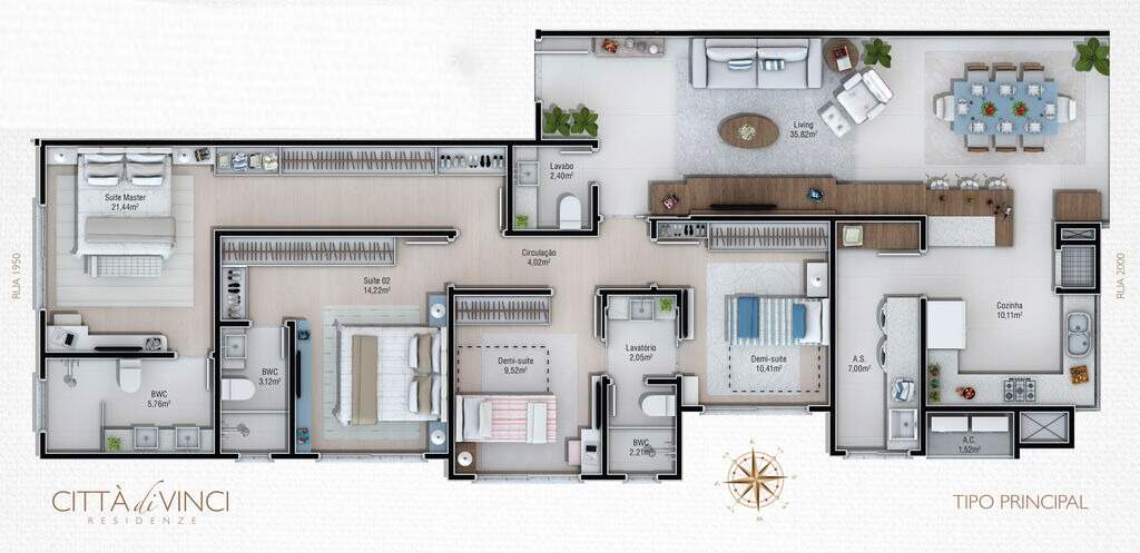 Apartamento à venda no Centro: Planta do apartamento tipo de 143,72 m²: 2 suítes, 2 demi-suítes, living e cozinha integrados