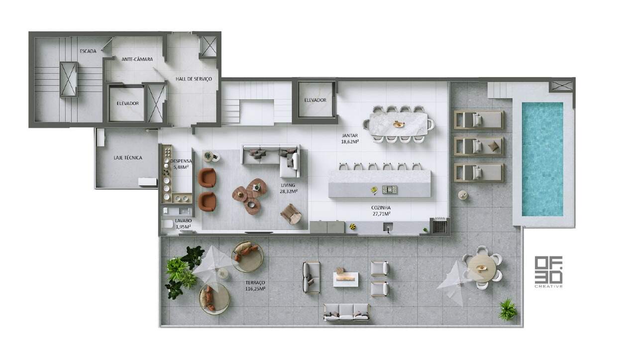 Cobertura à venda no Fazenda: Pavimento superior da cobertura final 1: living, cozinha e terraço de 116,25 m² com piscina