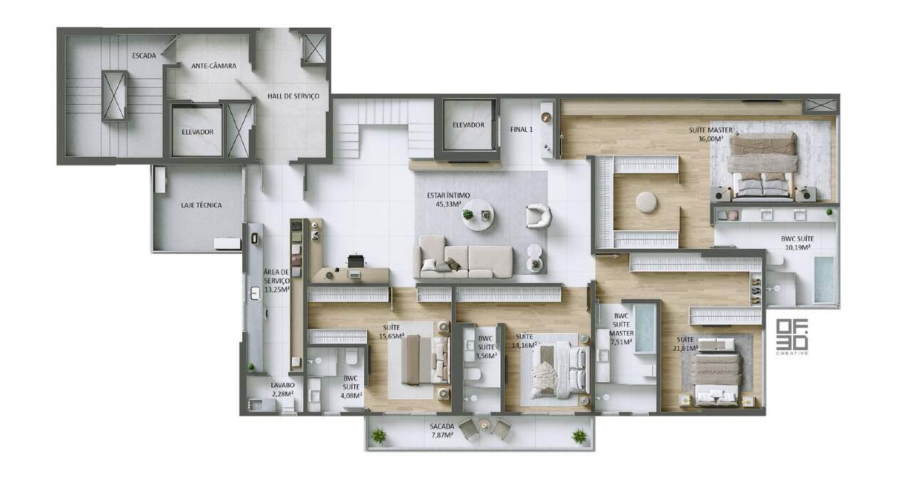 Cobertura à venda no Fazenda: Planta do pavimento inferior da cobertura final 1: 4 suítes e estar íntimo de 45,33 m²