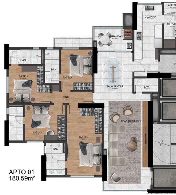 Apartamento à venda no Pioneiros: Planta do final 01: 4 suítes, living, cozinha, área de serviço e sacada com churrasqueira