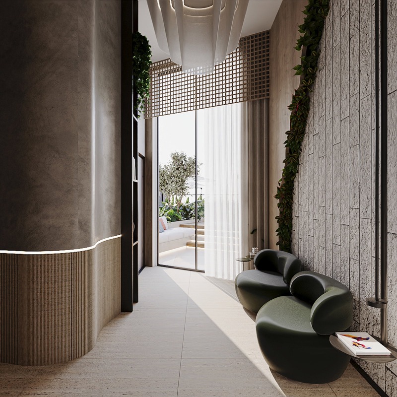 Apartamento à venda no Pioneiros: Espaço wellness com poltronas e jardim vertical (imagem ilustrativa)