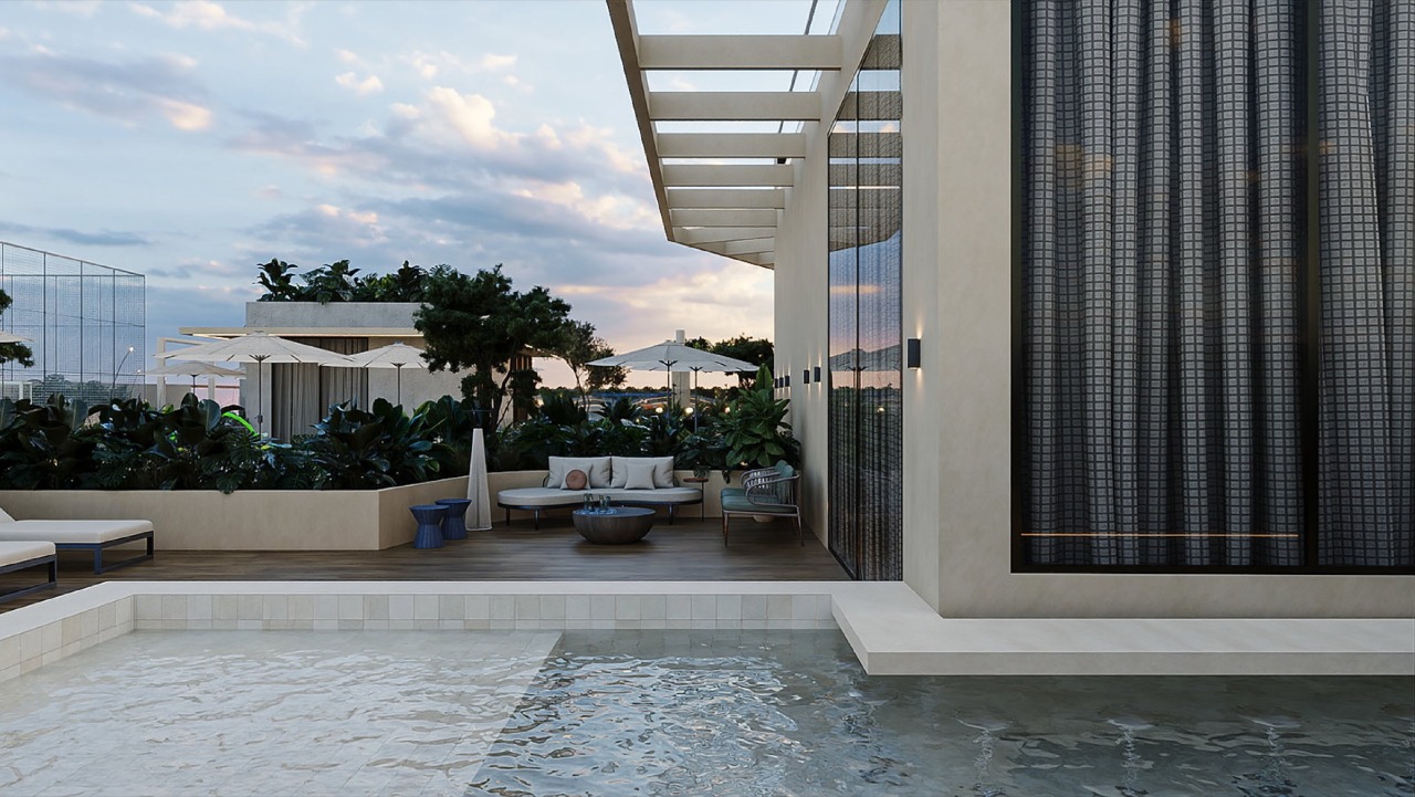 Apartamento à venda no Pioneiros: Piscina privativa de uso exclusivo, ao lado de um espaço gourmet (imagem ilustrativa)