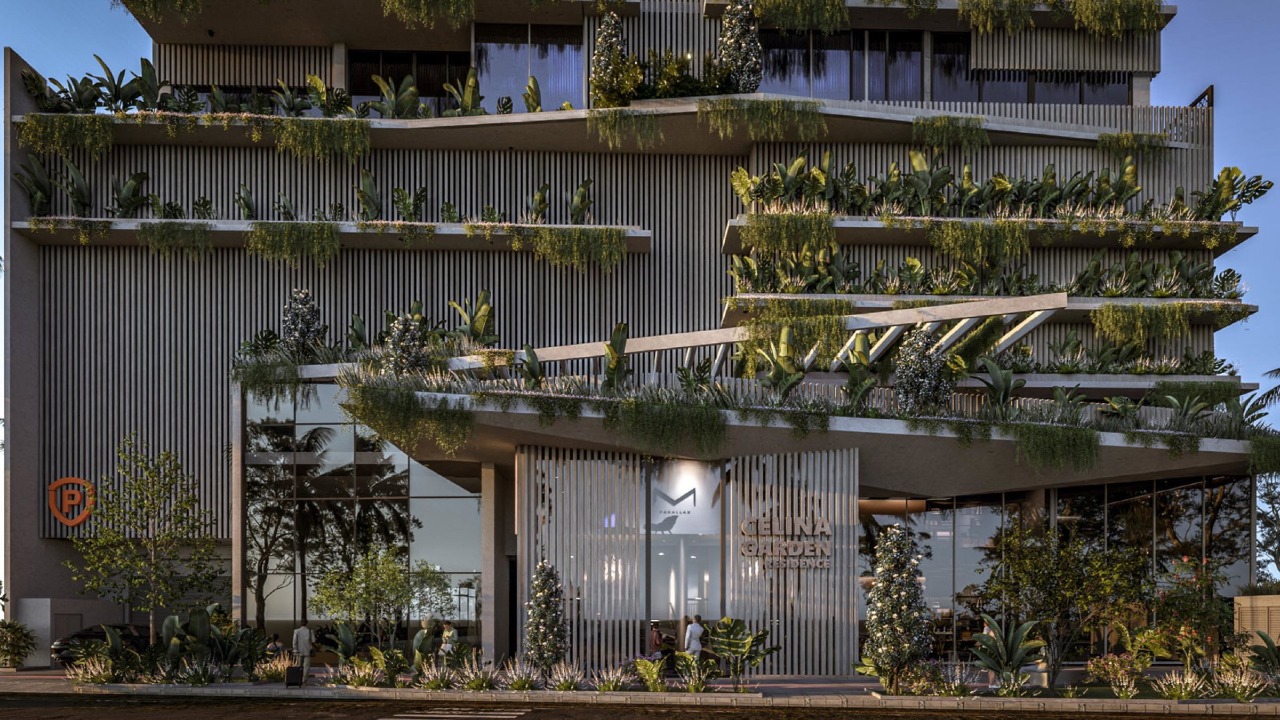 Apartamento à venda no Pioneiros: Embasamento do prédio coberto de jardins (imagem ilustrativa)