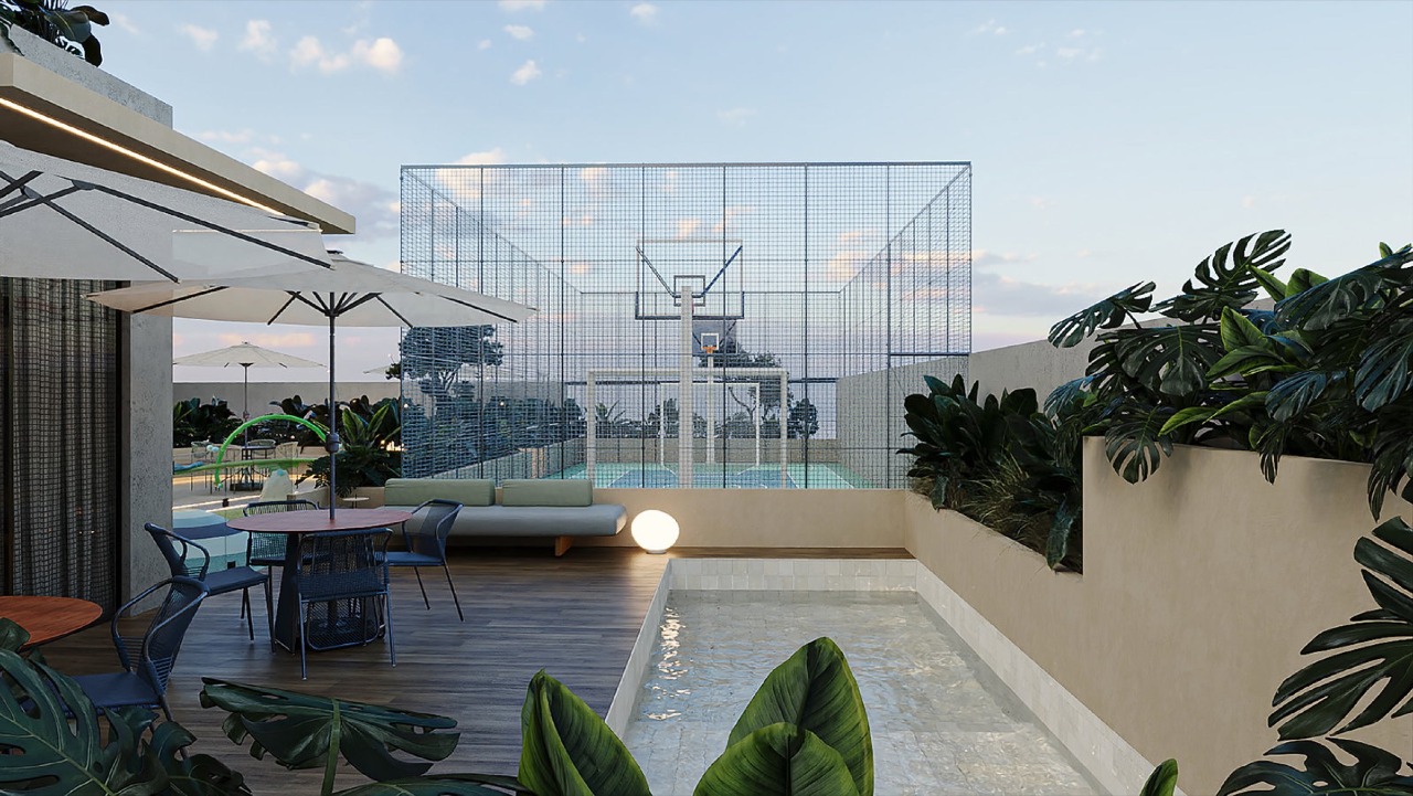 Apartamento à venda no Pioneiros: Quadra com fechamento de vidro e piscina privativa ao lado (imagem ilustrativa)
