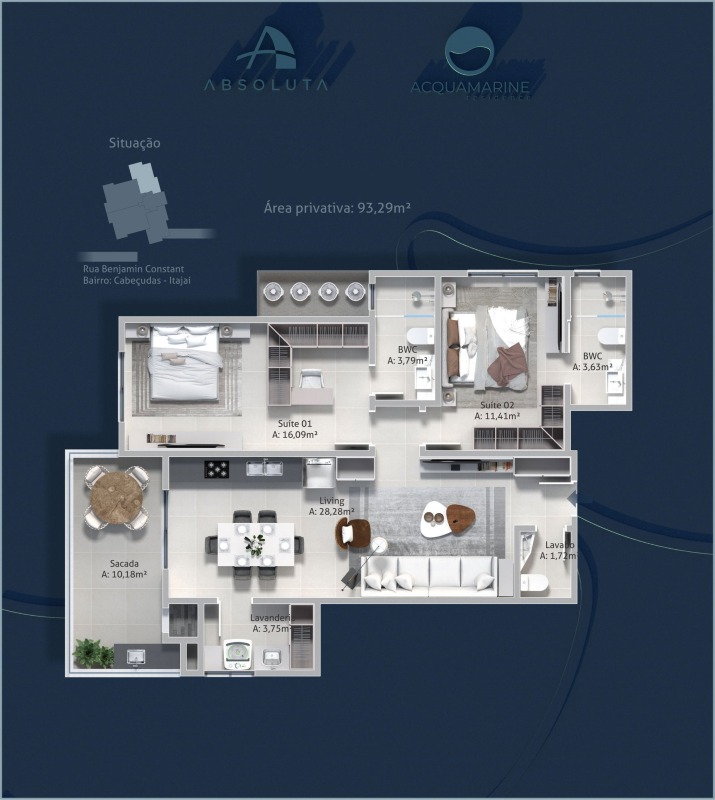 Apartamento à venda no Cabeçudas: Planta do apartamento de 93,29 m² com 2 suítes e sacada com churrasqueira