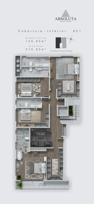 Cobertura à venda no Praia Brava: Planta do andar de baixo da cobertura duplex: 4 suítes e estar íntimo