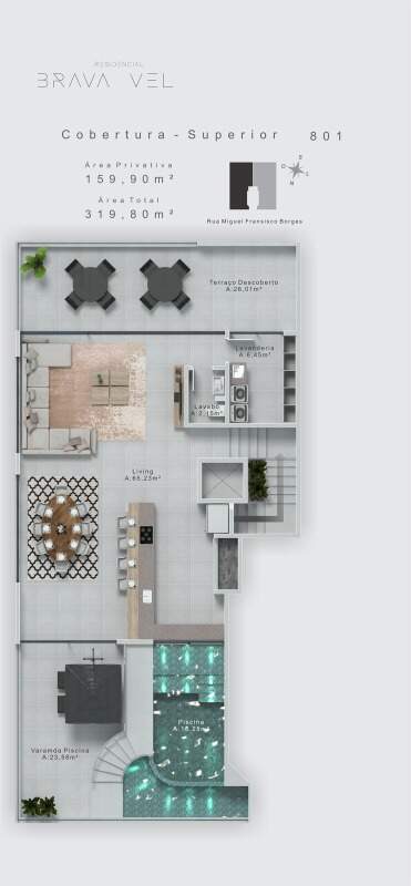 Cobertura à venda no Praia Brava: Planta do andar de cima da cobertura: living, terraço, varanda e piscina privativa