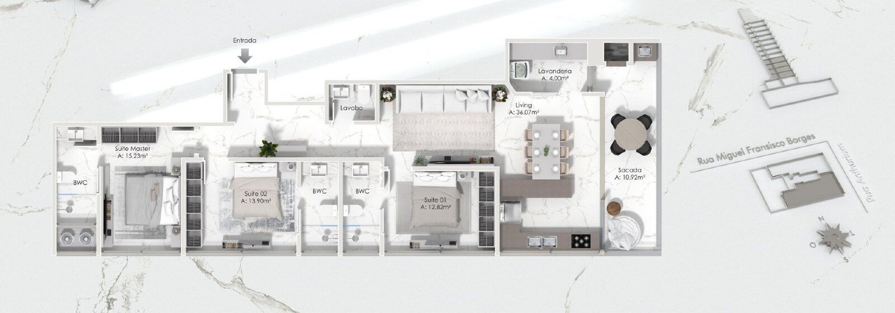Apartamento à venda no Praia Brava: Planta humanizada do apartamento de 110,73 m² com 3 suítes (imagem ilustrativa)