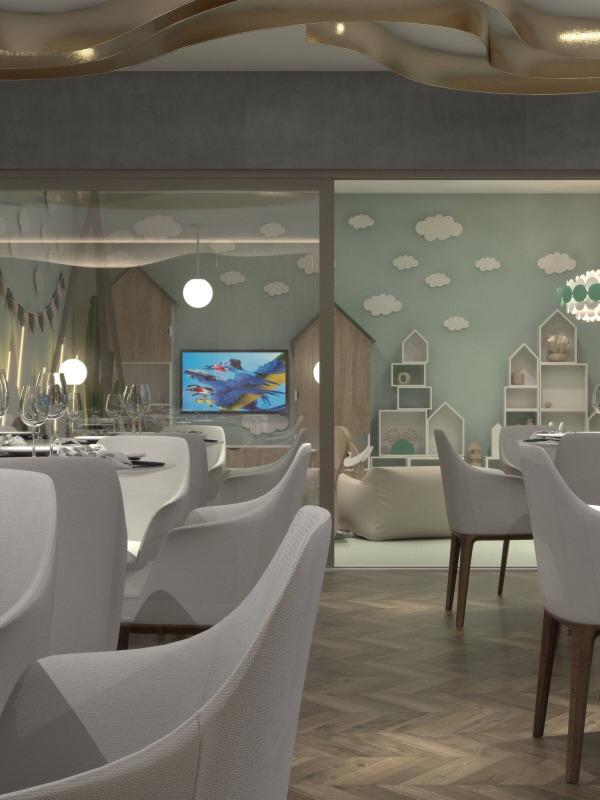 Apartamento à venda no Praia Brava: Brinquedoteca com casinhas e nuvens no teto (imagem ilustrativa)