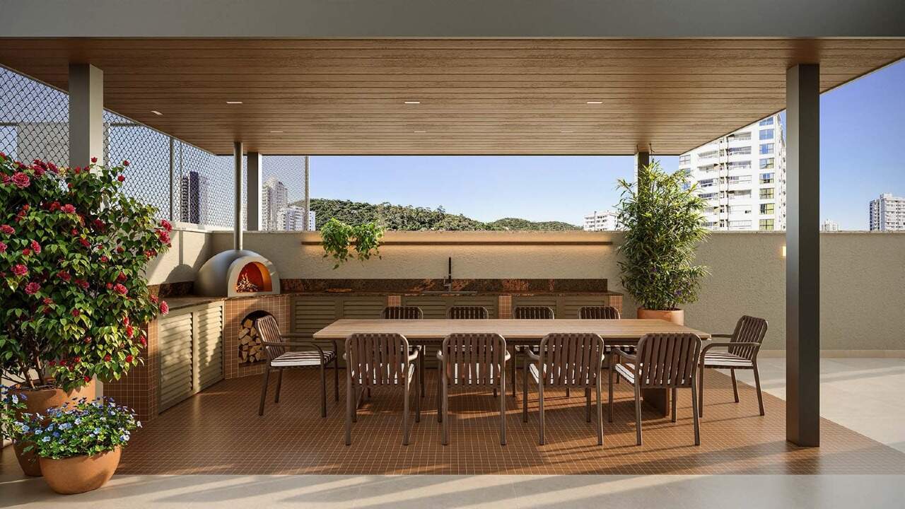 Apartamento à venda no Fazenda: Forneria Rousseau com forno de pizza e mesa ao ar livre (imagem ilustrativa)