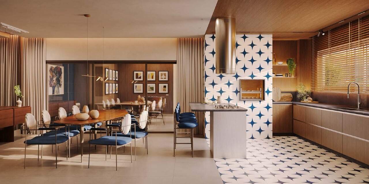 Apartamento à venda no Fazenda: Gourmet Rothko com cozinha aberta e mesa de jantar (imagem ilustrativa)