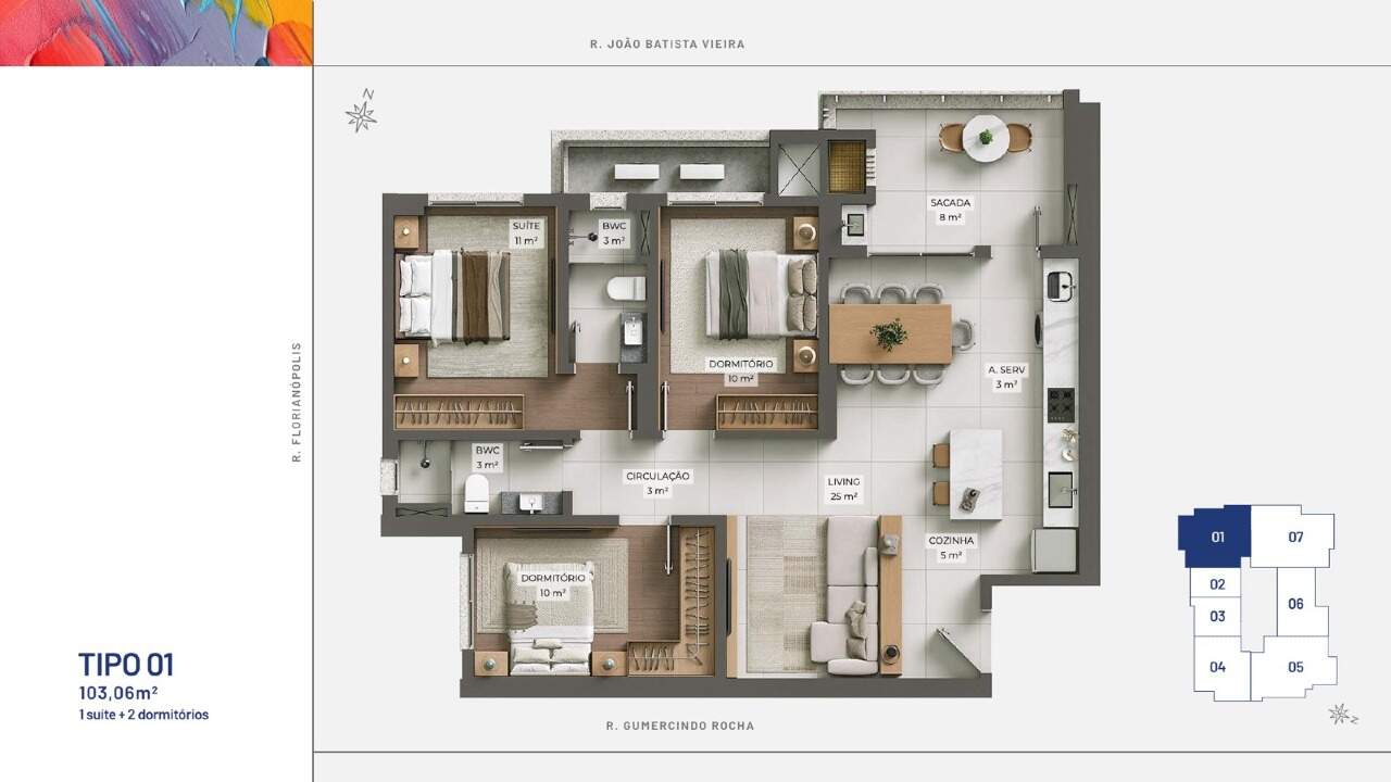 Apartamento à venda no Fazenda: Planta do tipo 01: 103,06 m², 1 suíte, 2 dormitórios e sacada de 8 m²